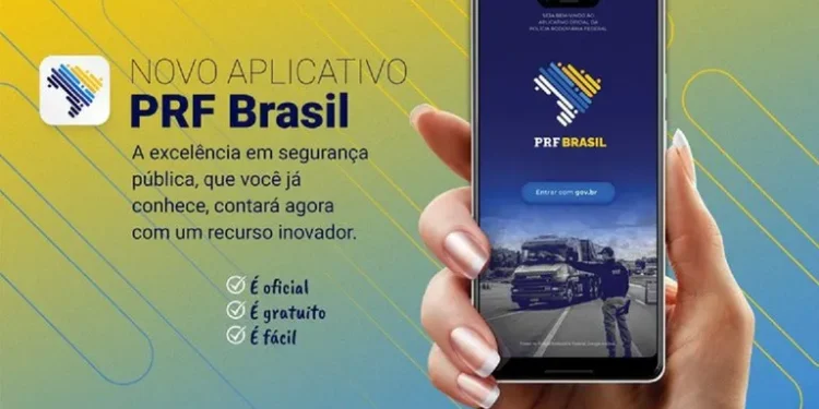 Tela do aplicativo PRF Brasil em um smartphone, destacando seus benefícios. 