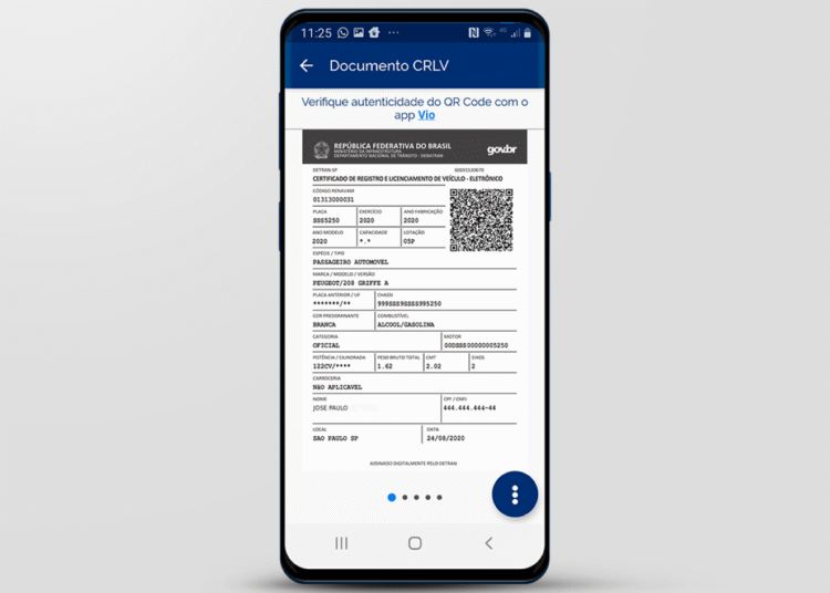 : "Imagem do CRLV digital exibido no aplicativo, mostrando o QR Code e as informações do veículo