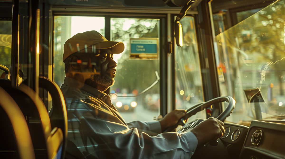 Motorista de transporte coletivo concentrado dirigindo ônibus durante o pôr do sol.