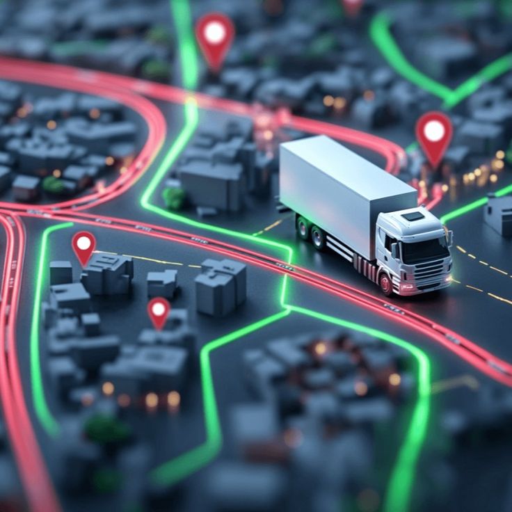 Caminhão circulando por vias com rotas digitais destacadas por indicadores vermelhos e verdes