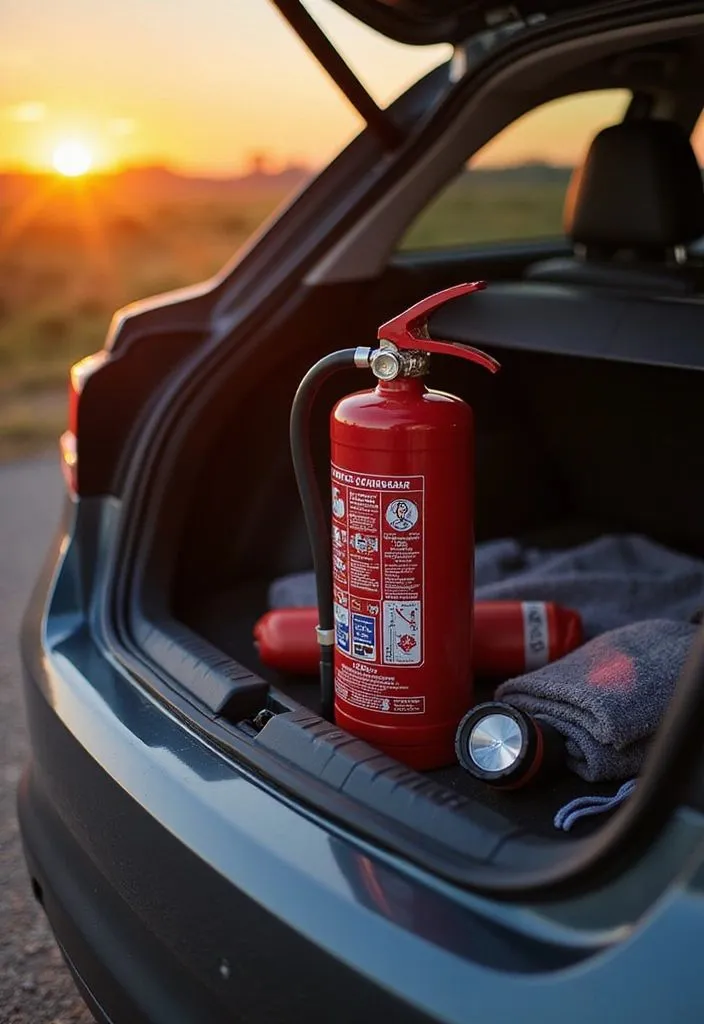 Extintor de incêndio em um carro, visível no porta-malas sob a luz do pôr do sol, preparado para uso em emergências.