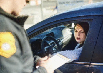 Agente de trânsito em pé ao lado de um carro, enquanto a motorista com expressão de preocupação recebe uma notificação de multa, ilustrando o tema das infrações.