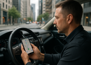 Homem usando GPS no celular dentro do carro