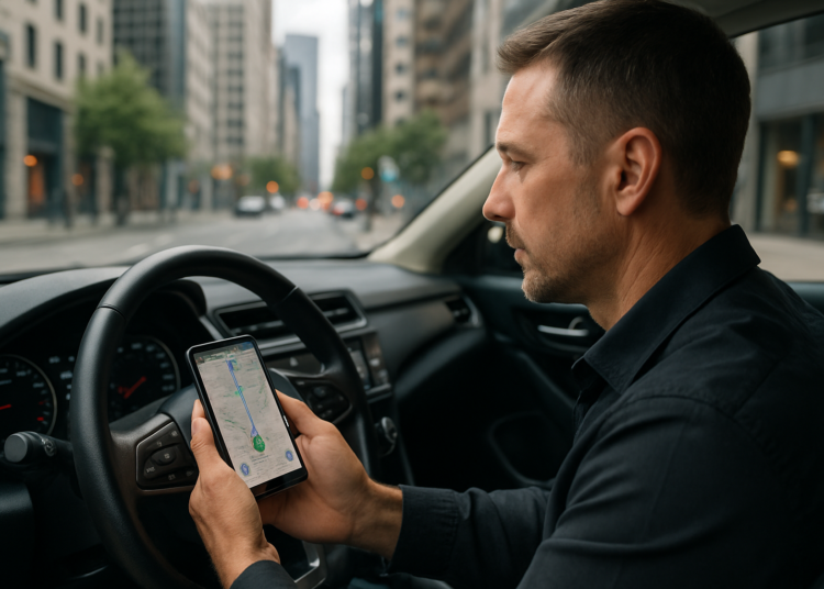 Homem usando GPS no celular dentro do carro