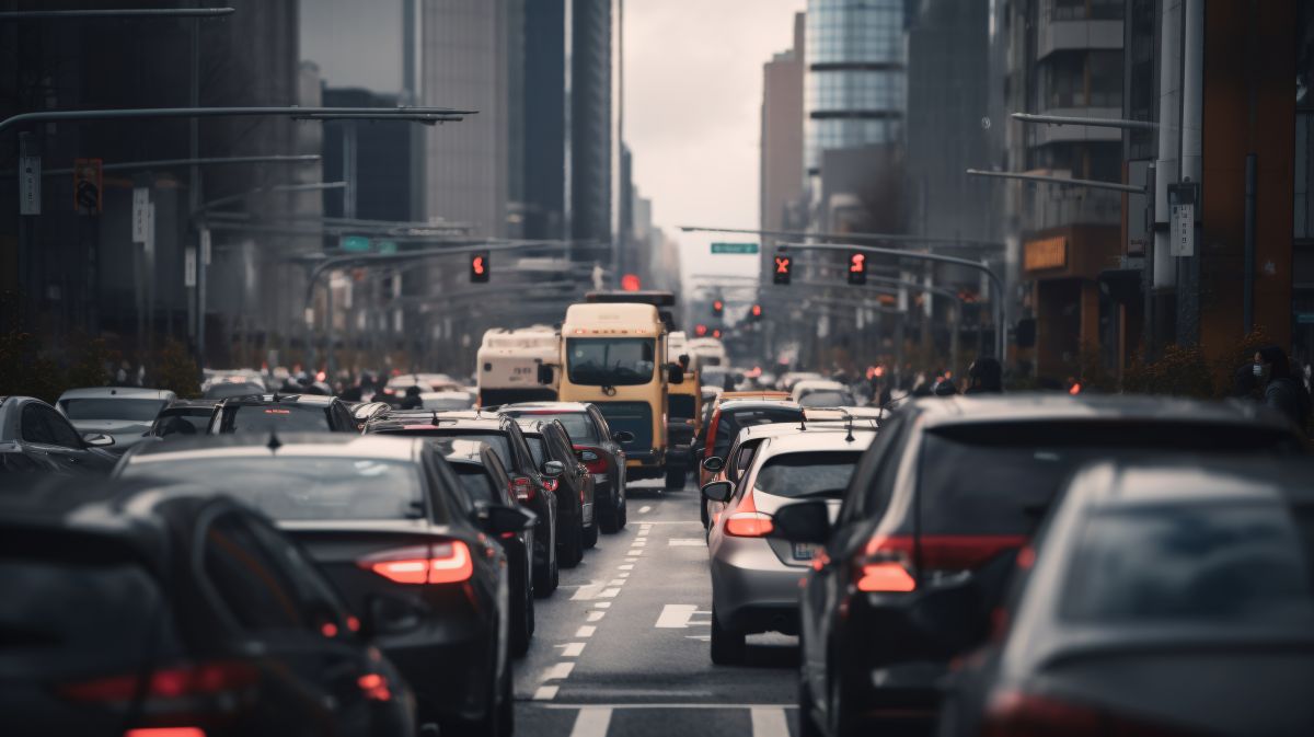 Trânsito intenso em uma rodovia com carros e um caminhão em uma cidade, representando as multas e penalidades por excesso de velocidade.