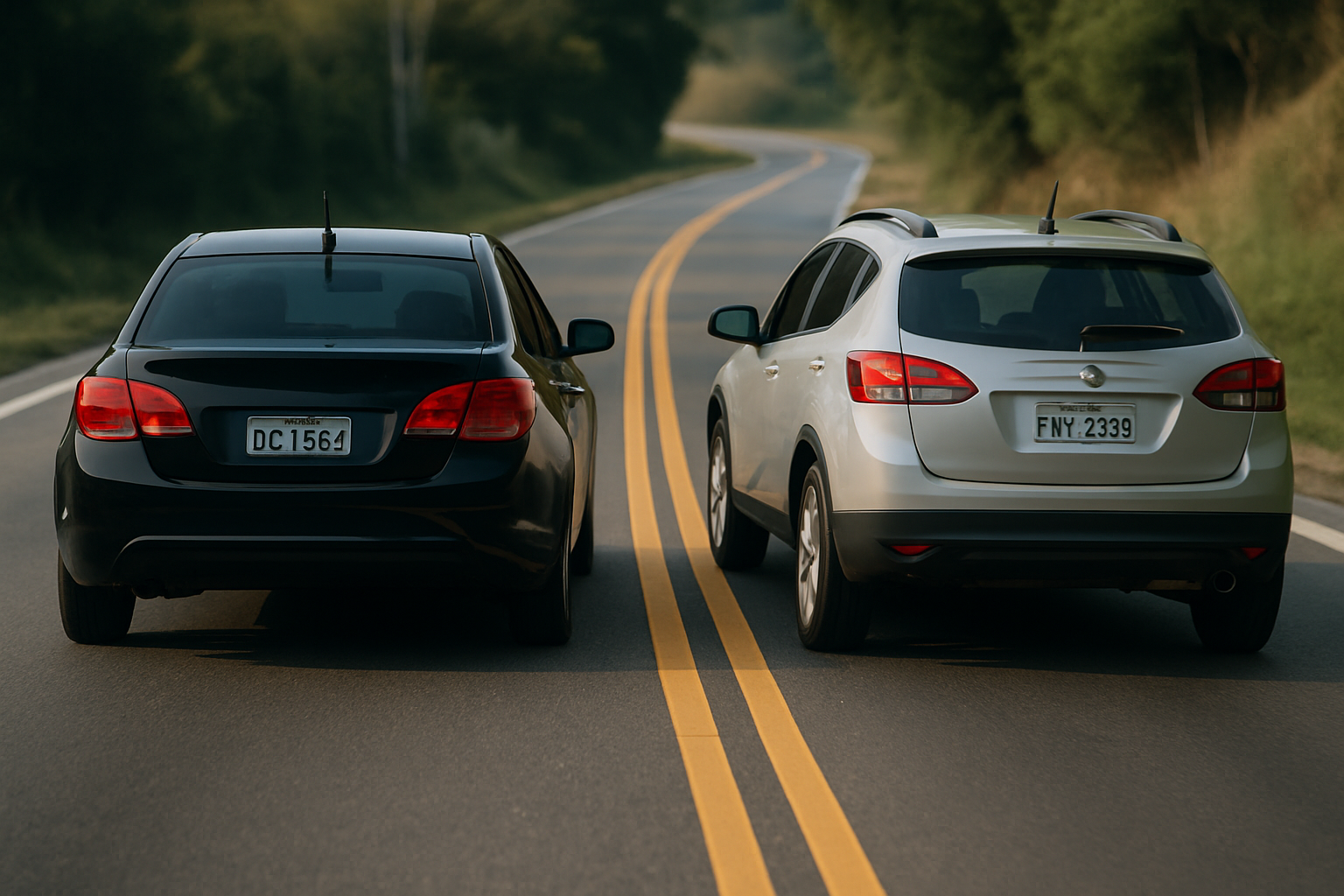 Dois carros, um preto e um branco, parados lado a lado sobre a linha amarela dupla em estrada asfaltada cercada por árvores