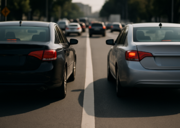 Dois carros trafegando lado a lado em avenida urbana