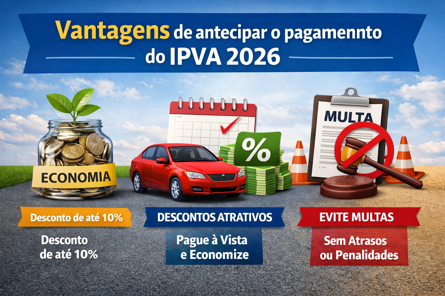 Fatores que impactam o valor do IPVA em 2026, como antecipação de pagamento, descontos e ausência de multas.