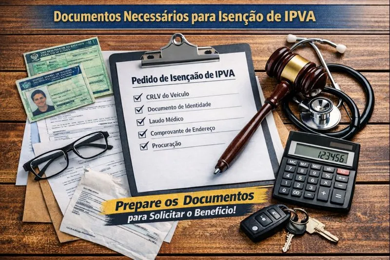 Lista de documentos necessários para solicitar isenção do IPVA, incluindo CRLV, documento de identidade, laudo médico, comprovante de endereço e procuração.