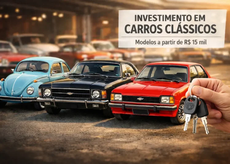 Mão segurando chaves de carro em frente a clássicos como Fusca azul, Chevrolet preto e vermelho.