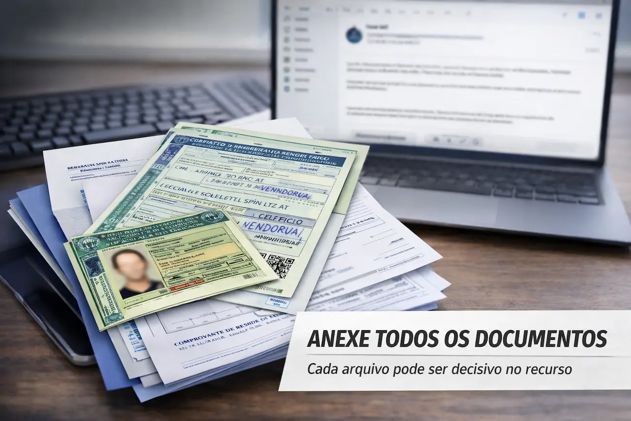 Pilha de documentos e CNH ao lado de notebook aberto exibindo página de recurso de multa.