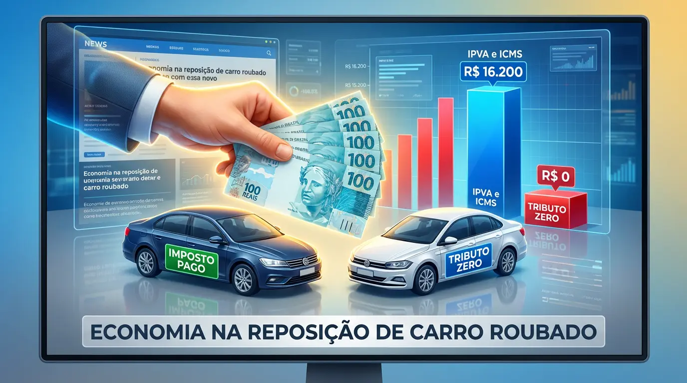 Mão segurando notas de 100 reais ao lado de dois carros, um com imposto pago, outro com tributo zero, e gráfico mostrando economia.