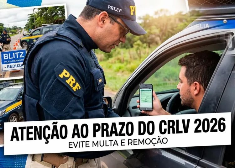 Policial rodoviário federal verifica documento digital de motorista em abordagem de trânsito.