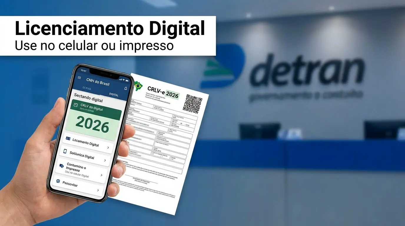 Pessoa segura smartphone com CRLV digital 2026 ao lado de documento impresso em ambiente do Detran.