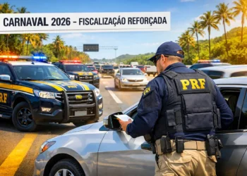 Agente da PRF verifica documentos de motorista em blitz com viaturas e trânsito intenso.