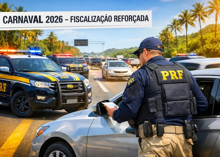 Agente da PRF verifica documentos de motorista em blitz com viaturas e trânsito intenso.