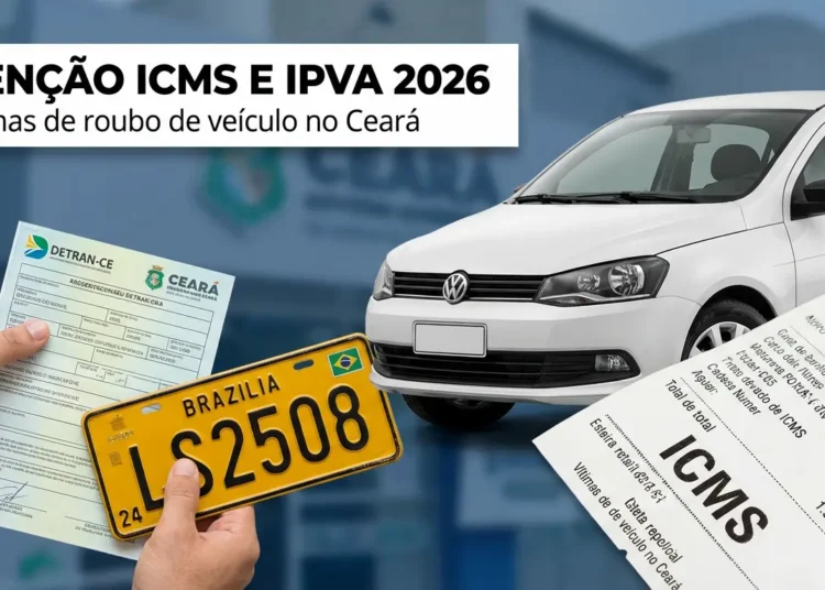 Mãos seguram documento do Detran, placa amarela e carro branco ao fundo com recibo de ICMS destacado.