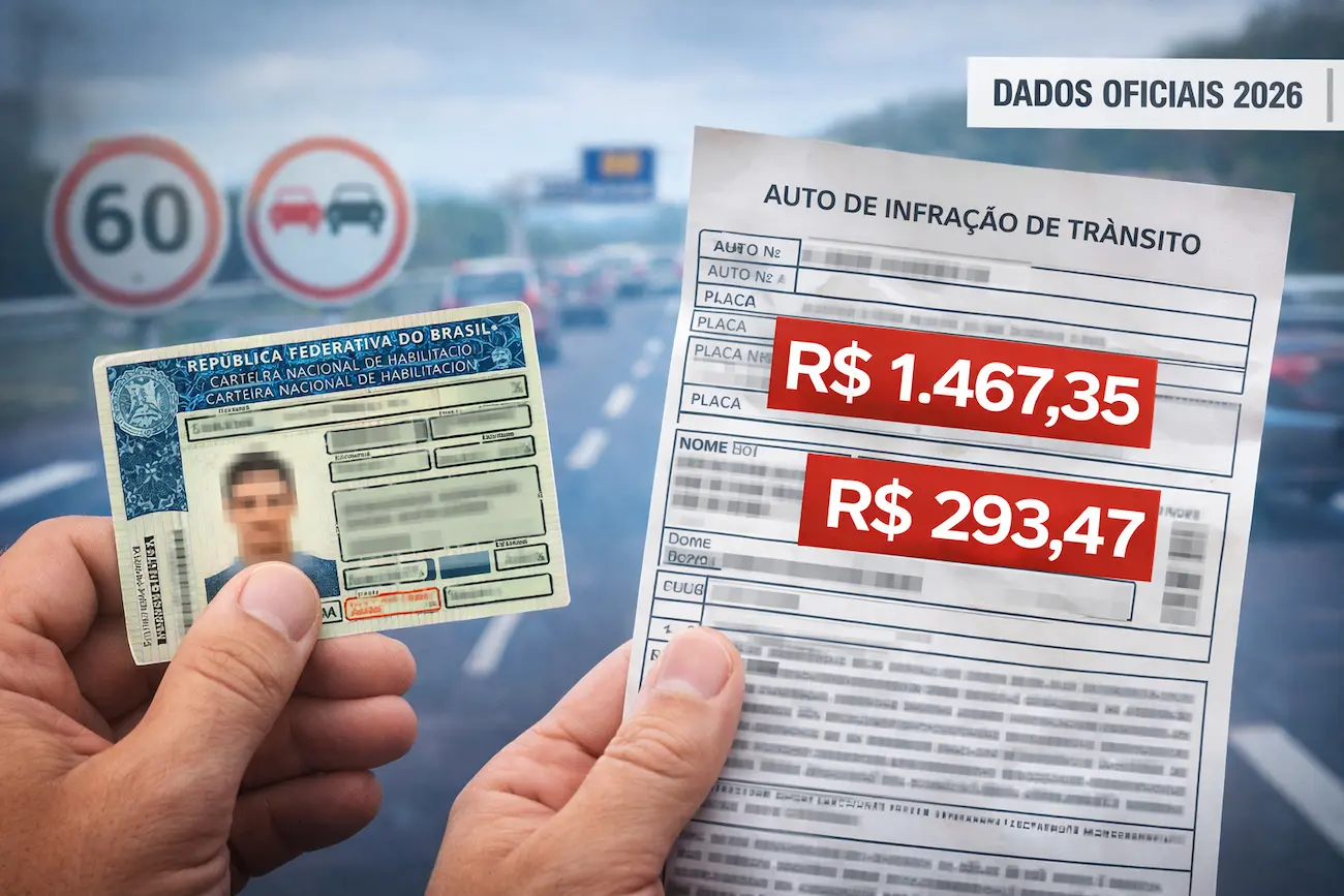 Mãos seguram CNH e auto de infração de trânsito com valores altos, placas de limite ao fundo.