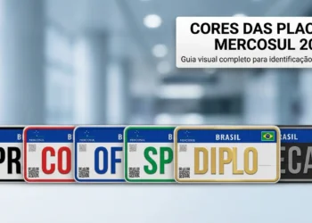 Sequência de placas Mercosul com bordas e letras em várias cores dispostas sobre fundo desfocado.