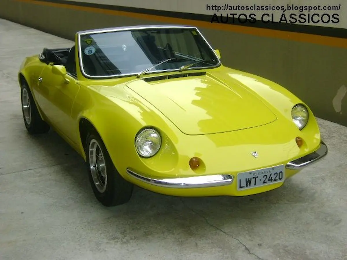 Conversível Puma GTS amarelo estacionado, destacando linhas arredondadas e brilho da pintura.