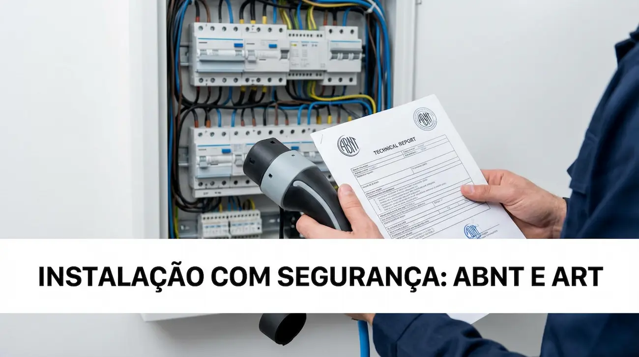 Técnico segura relatório ABNT e carregador próximo a quadro elétrico residencial.