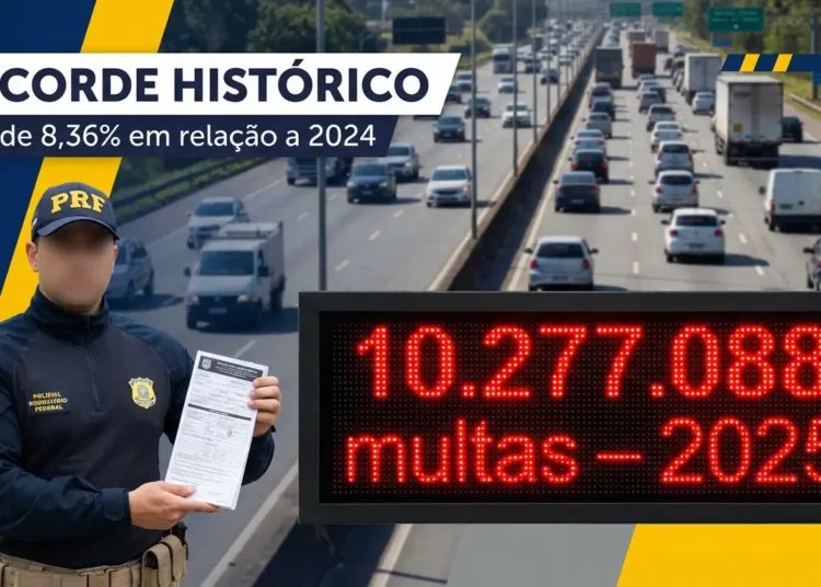 Policial rodoviário federal segura auto de infração ao lado de painel eletrônico exibindo número de multas.