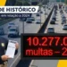 Policial rodoviário federal segura auto de infração ao lado de painel eletrônico exibindo número de multas.