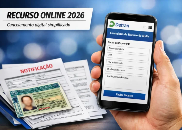 Mão segura celular exibindo formulário do Detran; documentos e CNH ao fundo.
