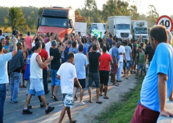 Grupo de caminhoneiros discute em frente a caminhões parados em estrada com placa de 40 km/h