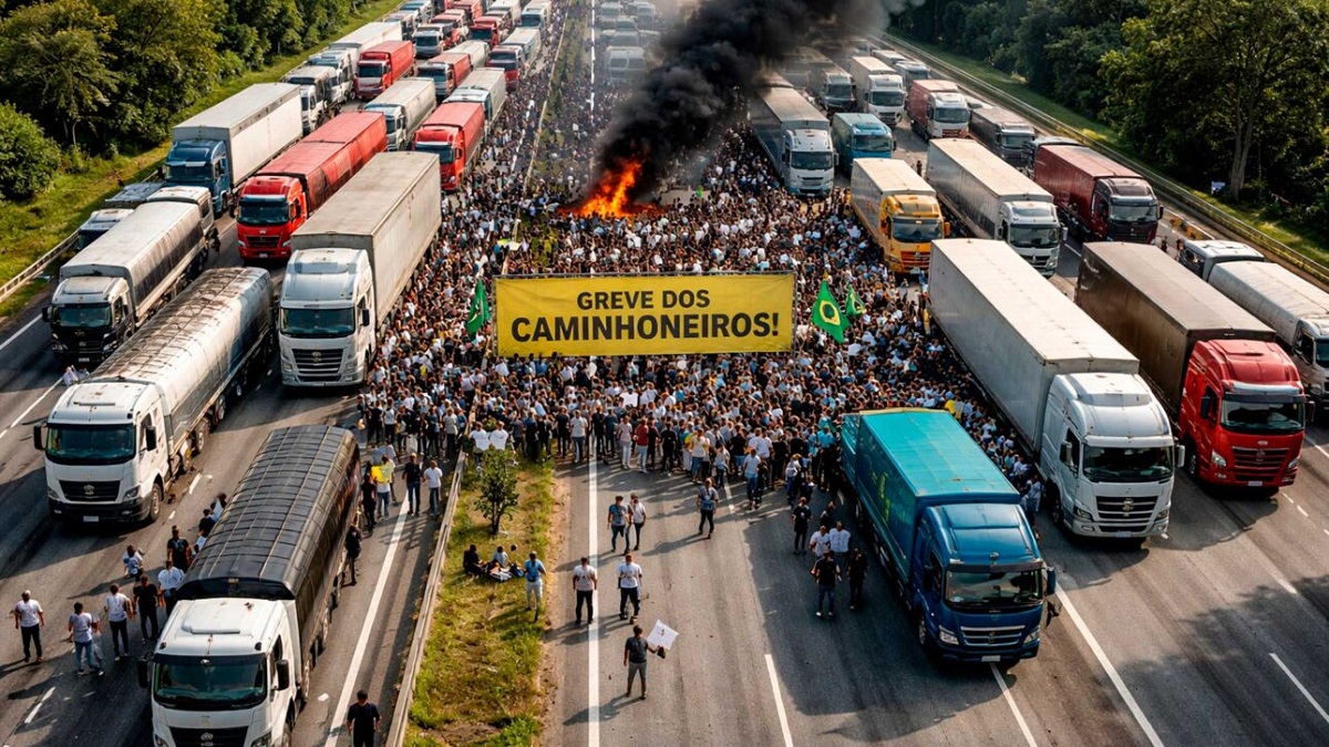 Multidão de caminhoneiros com faixa amarela e caminhões parados em rodovia, manifestando-se