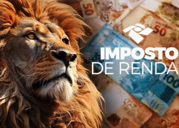 Leão ao lado de notas de real com texto Imposto de Renda