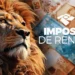 Leão ao lado de notas de real com texto Imposto de Renda