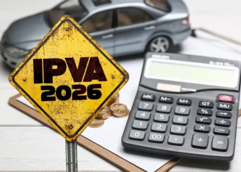 Placa amarela com texto IPVA 2026, calculadora, moedas e miniatura de carro ao fundo