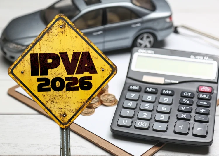 Placa amarela com texto IPVA 2026, calculadora, moedas e miniatura de carro ao fundo