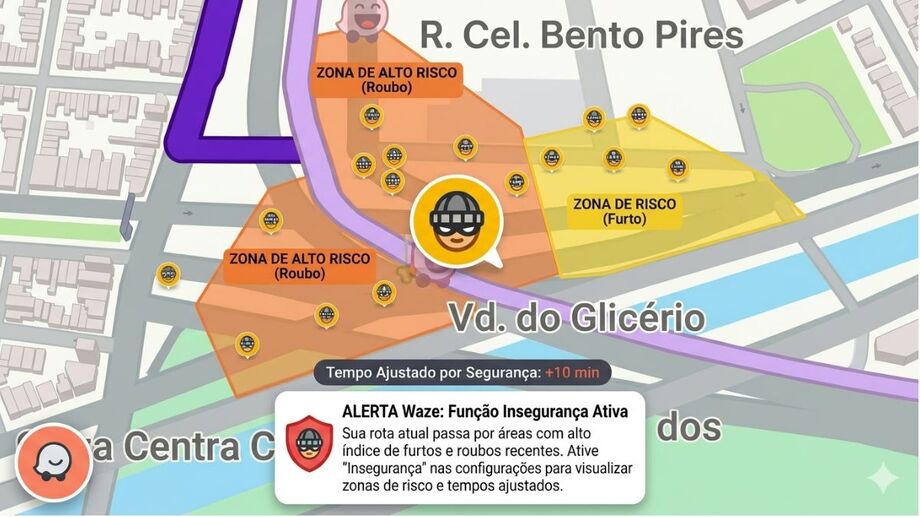 Mapa do Waze com rotas destacadas e ícones de ladrão sinalizando zonas de alto risco de roubo e furto