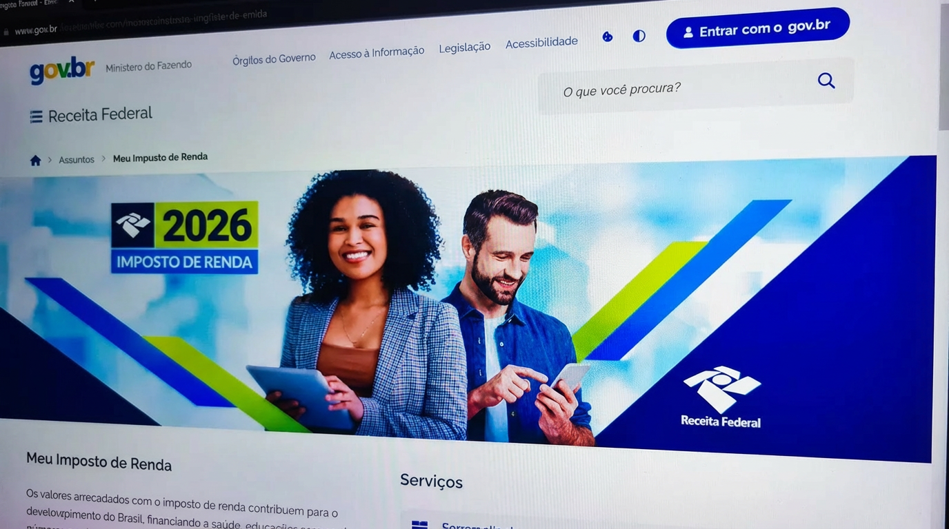 Mulher e homem sorrindo usando tablets frente à tela da Receita Federal do Imposto de Renda 2026