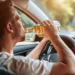 Homem dirigindo carro enquanto bebe cerveja em garrafa de vidro com painel ao fundo