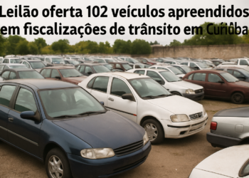 Pátio com diversos carros apreendidos à venda em leilão em Curitiba