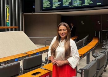 Mulher de cabelos longos e castanhos veste blusa branca e saia vermelha em plenário da Câmara dos Deputados
