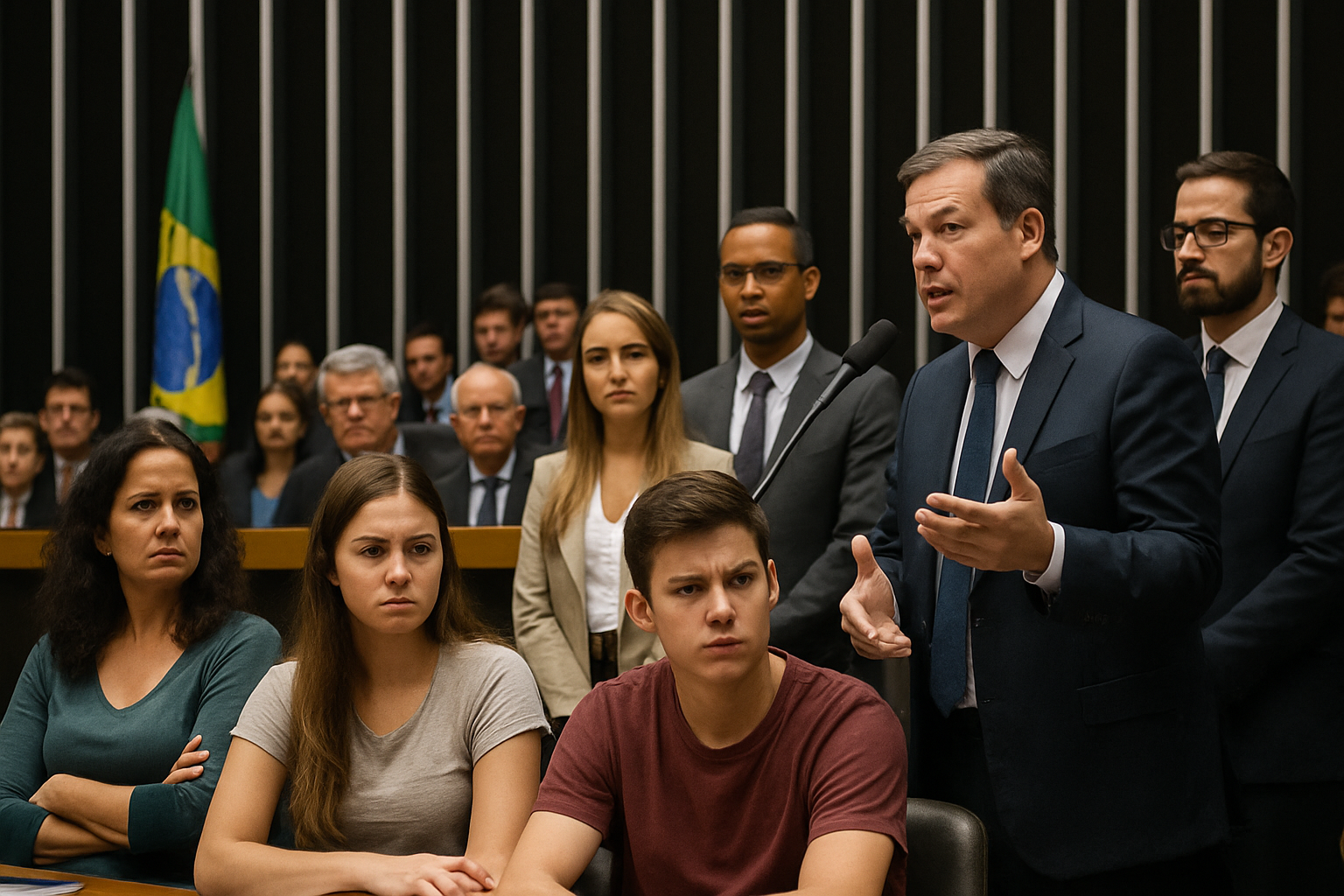 Deputado de terno azul discursa ao microfone diante de jovens em audiência na Câmara, bandeira do Brasil ao fundo