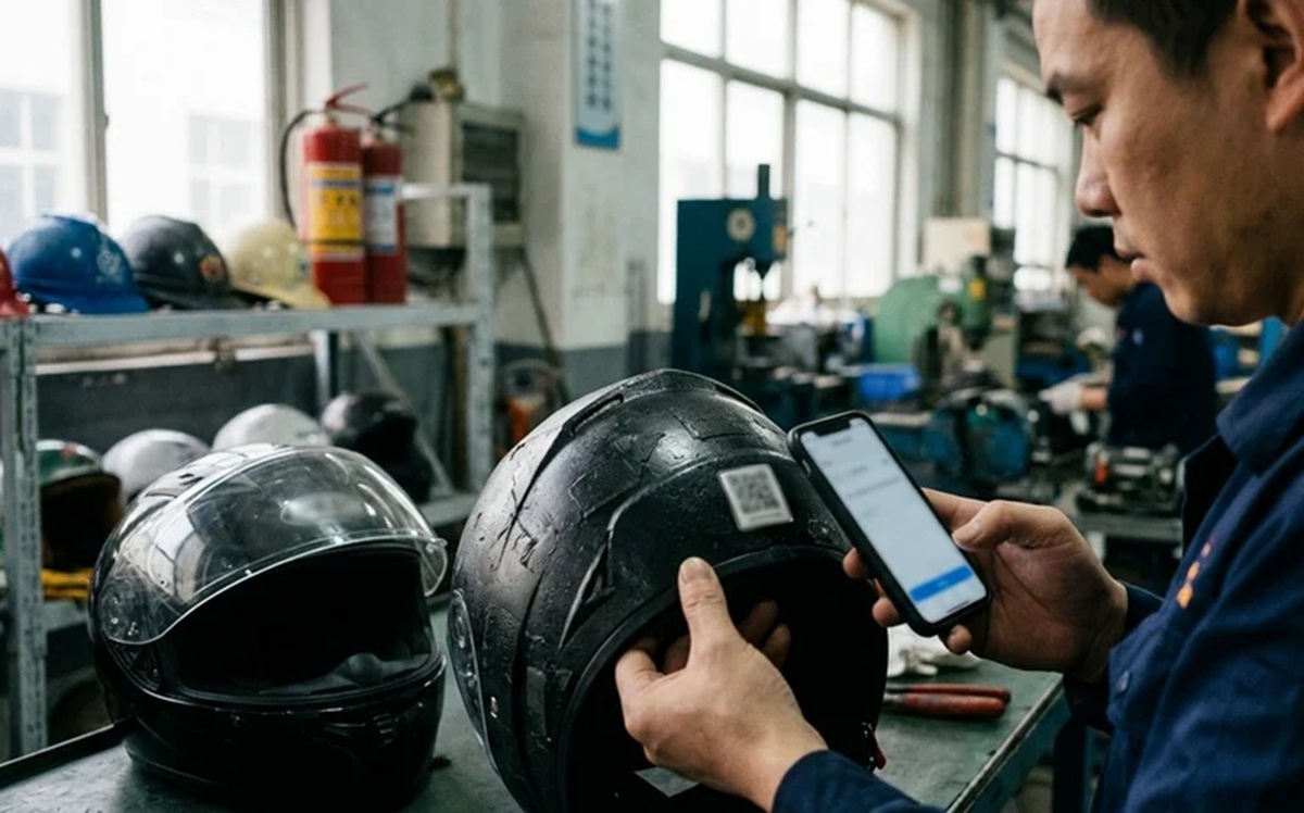Trabalhador escaneia QR Code de capacete preto com celular em fábrica industrial com extintor ao fundo