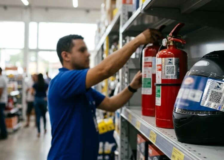 Funcionário de camisa azul organiza extintores vermelhos e capacete preto com QR Code do Inmetro em prateleira de loja