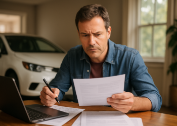 Homem de camisa jeans segura papel e caneta diante de laptop, com carro branco ao fundo em ambiente doméstico.