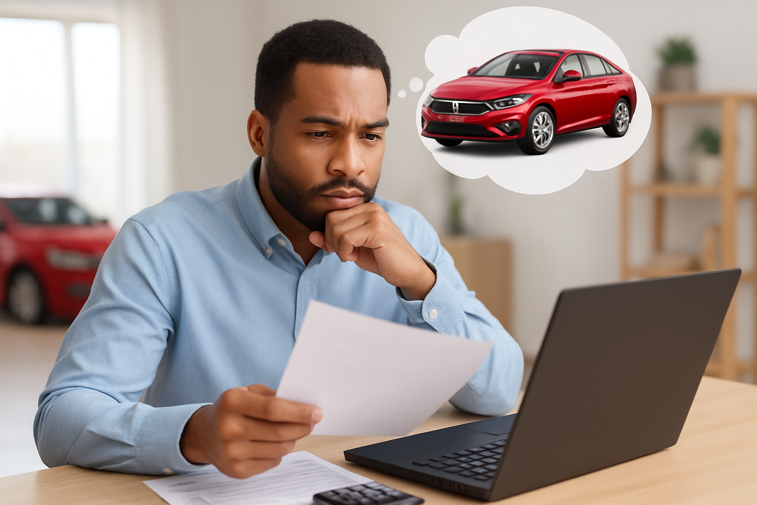 Homem de camisa azul segura papel enquanto olha laptop, com balão de pensamento mostrando carro vermelho ao fundo.
