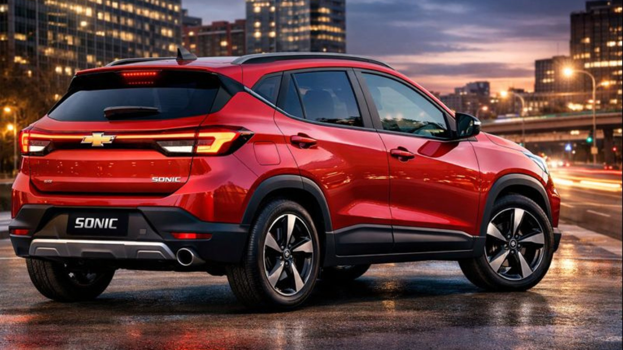 Traseira do SUV Chevrolet Sonic vermelho com lanternas LED horizontais, logotipo Chevrolet e rodas de liga leve em cenário urbano noturno