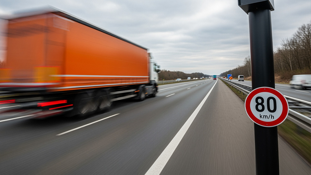 Caminhão laranja em movimento desfocado passa por placa de limite de velocidade de 80 km/h em rodovia de pista dupla