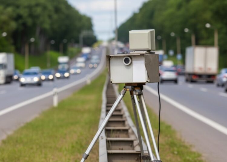 Radar móvel em tripé metálico posicionado em canteiro central de rodovia com tráfego de carros e caminhões