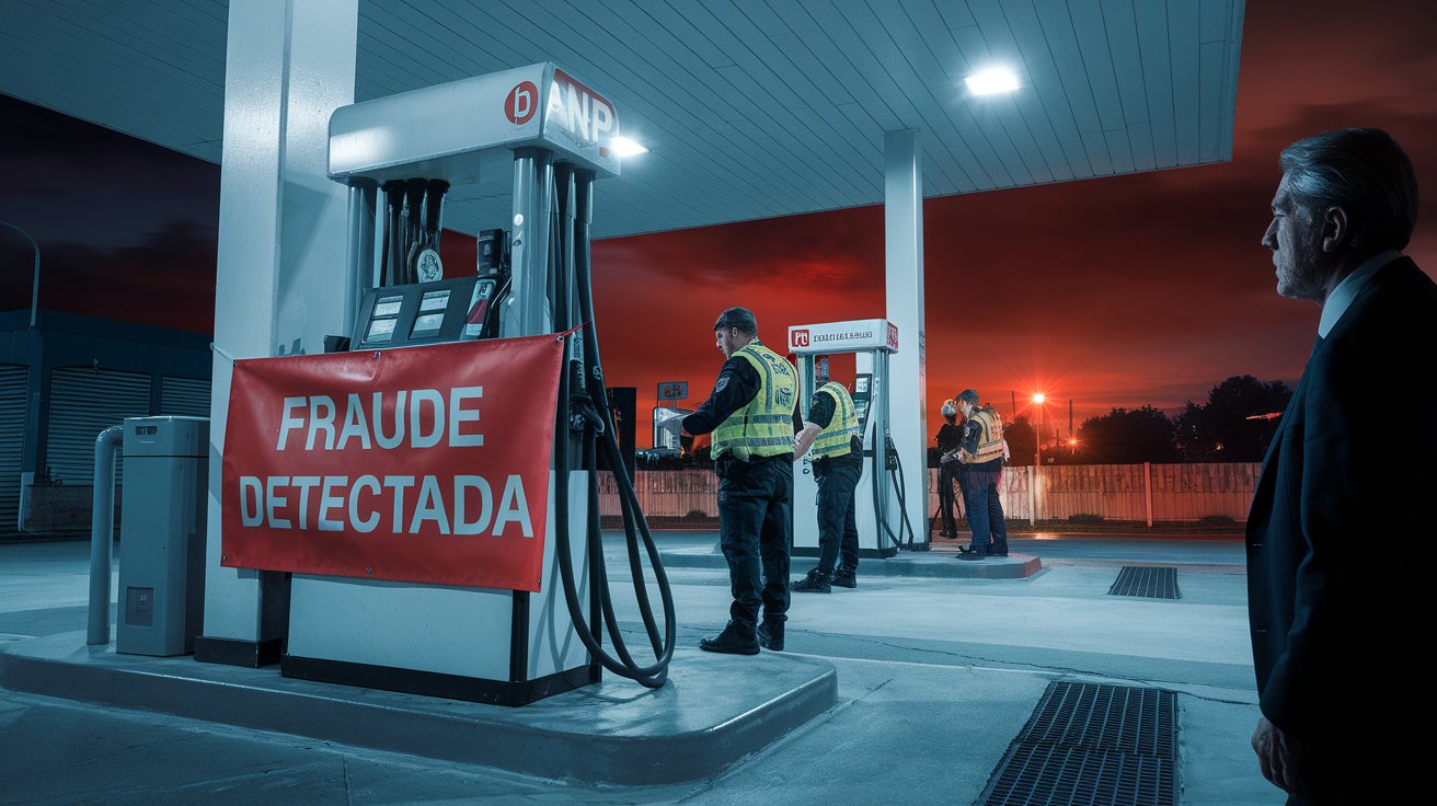 Fiscais com coletes de segurança inspecionam bomba de abastecimento com faixa "Fraude Detectada" em posto noturno