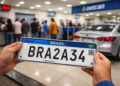 Mãos segurando placa Mercosul BRA2A34 com faixa azul, bandeira e QR Code em posto do Detran com carro prata ao fundo