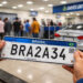 Mãos segurando placa Mercosul BRA2A34 com faixa azul, bandeira e QR Code em posto do Detran com carro prata ao fundo